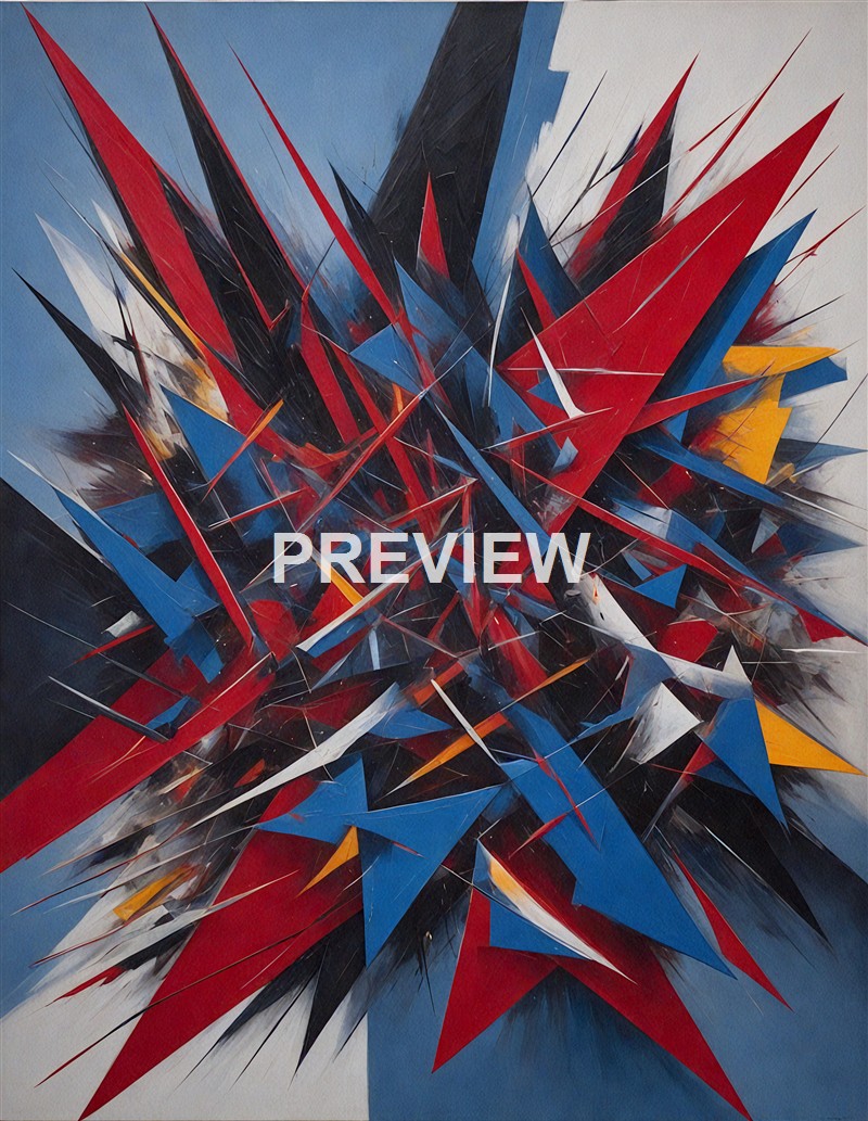 An abstract painting featuring sharp, angular shapes in red, blue, black, white, and yellow, creating a dynamic and chaotic composition.